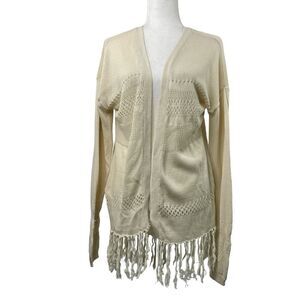 Wild Pearl Open Cardigan with fringe boho cotton crochet design Large cream